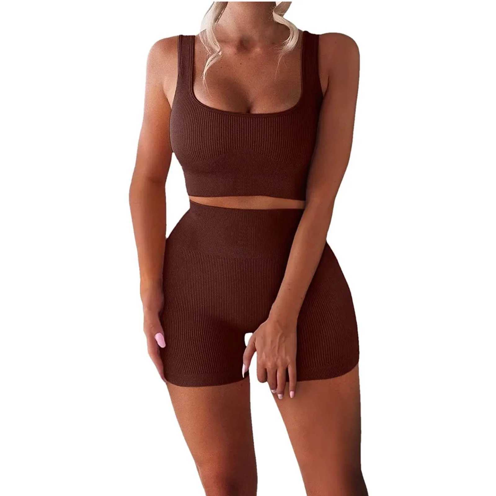 Womens Sexy Fitness U-Neck Vest Two-piece Set Ribbed Vest High Waist Shorts Yoga SuitXJ250109