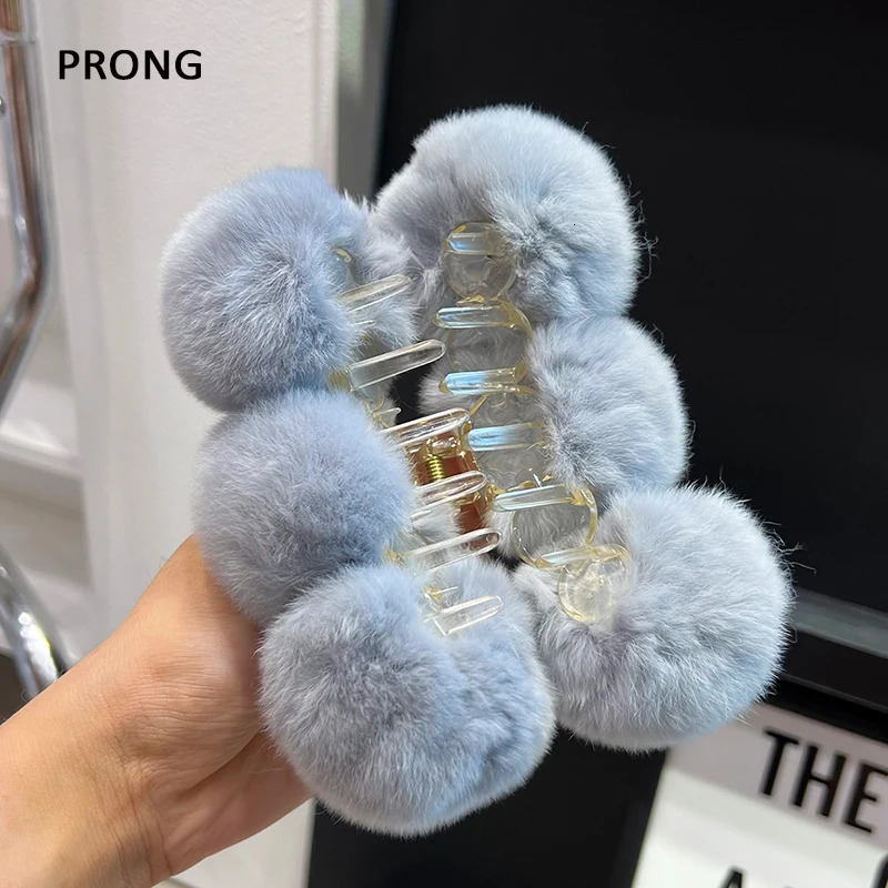 Real Rabbit Fur Hair Claw Women Elegant Plush Crab Hair Clip Large Shark Clip Hairpin Headwear Girls Cute Hair Accessories 250103