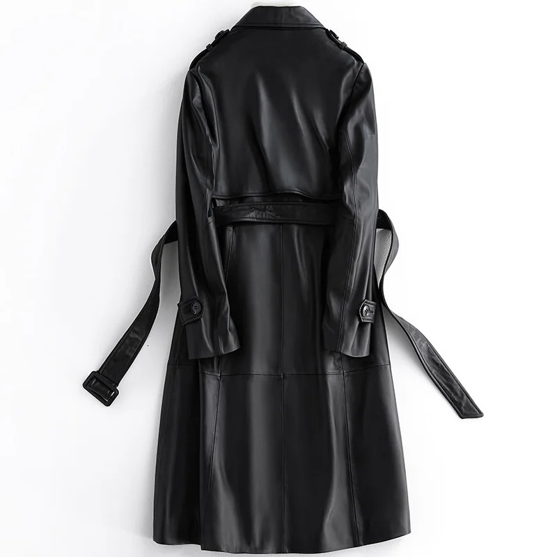 Lautaro Autumn Long Black Pu Lather Trench Coat for Women Sleeve Belt Epaulets British Style Fashion Leather Overcoat 250103