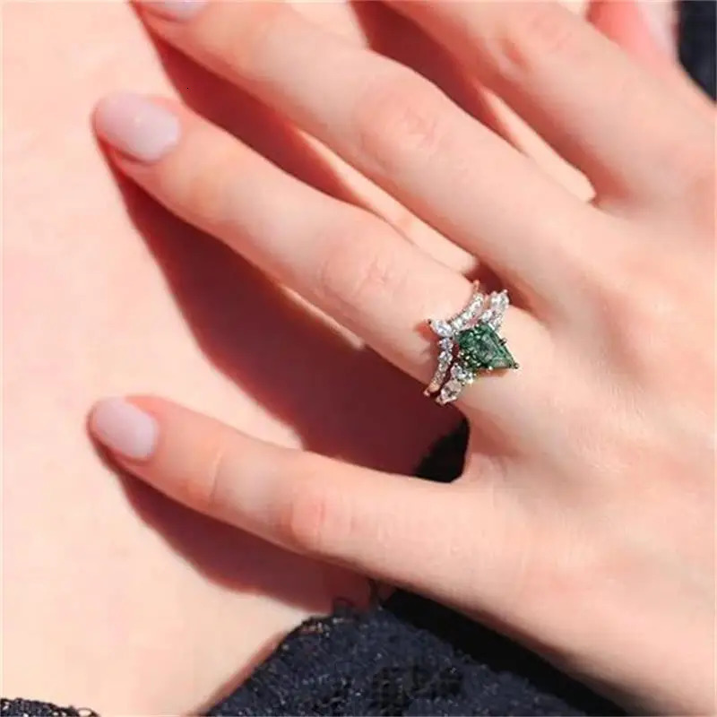 jewelry natural green moss stone agate high quality womens twopiece wedding ring set 250109