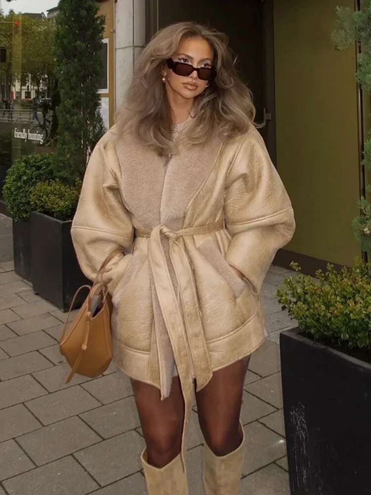 Elegant Double-Breasted Large Lapel Lamb Wool Leather Patchwork Coat Full Sleeve Pocket Belt Jacket 2024 New Ladies Winter Wear