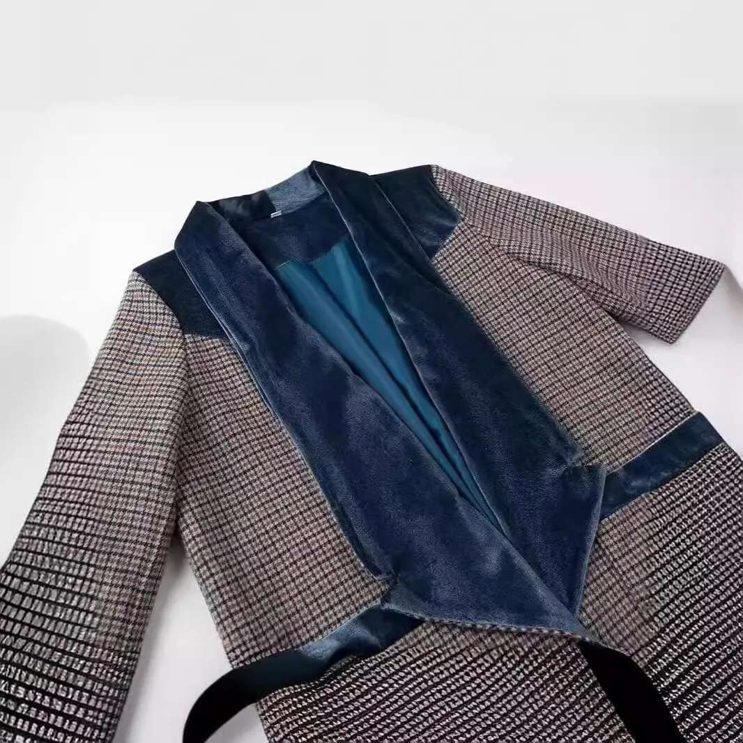 Plus Size Women's Clothing Autumn Winter Woolen Long With Blue Veet Ing On The Shoulders And Collar Coat