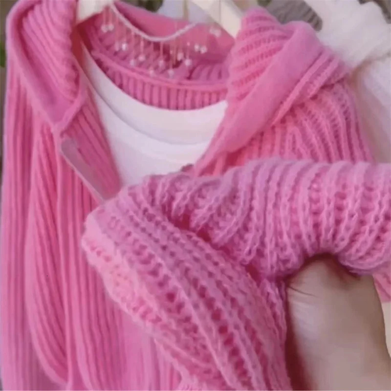 Pink Hooded Knitted Cardigan For Womens Autumn Loose And Stylish n Striped Short Sweater Zipper Jacket White Overcoat 250108