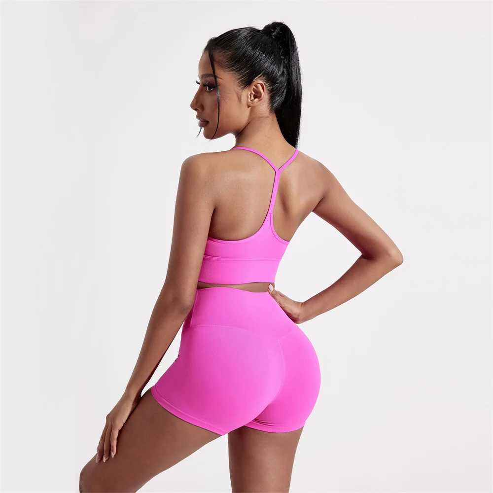 Sexy Solid Color Women Gym Yoga Short Leggings Set Cross Back Y Shape Sports Bra+High Waist Sports Short Leggings 2pc AthleticXJ250109