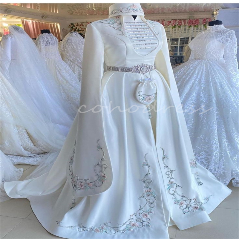 Armenian Circassian Wedding Dress Traditional Ingush Bride Dress Long Sleeve Muslim Turkish Caftan Moroccan Bridal Gown Beaded Islamic Moslem Vestio D
