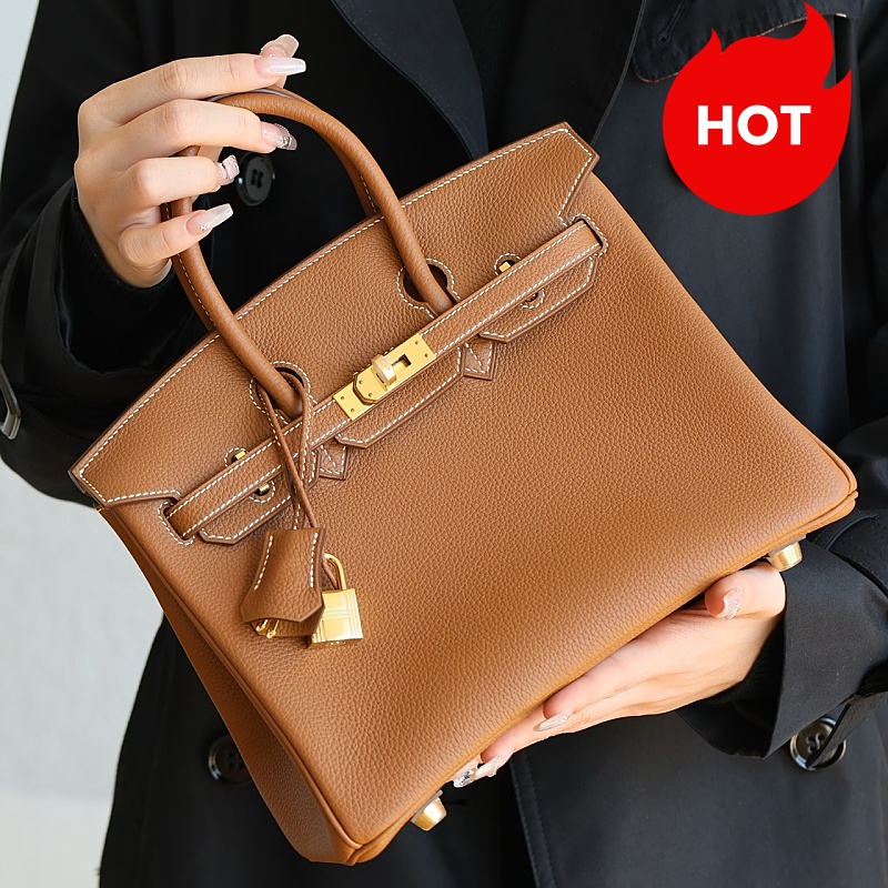 Exempt from customs duty Designer Women's Brown Handbag 25cm Genuine Leather Handmade Lock Inner Zipper Pocket Fashion Shoulder Bag Gift Box10A