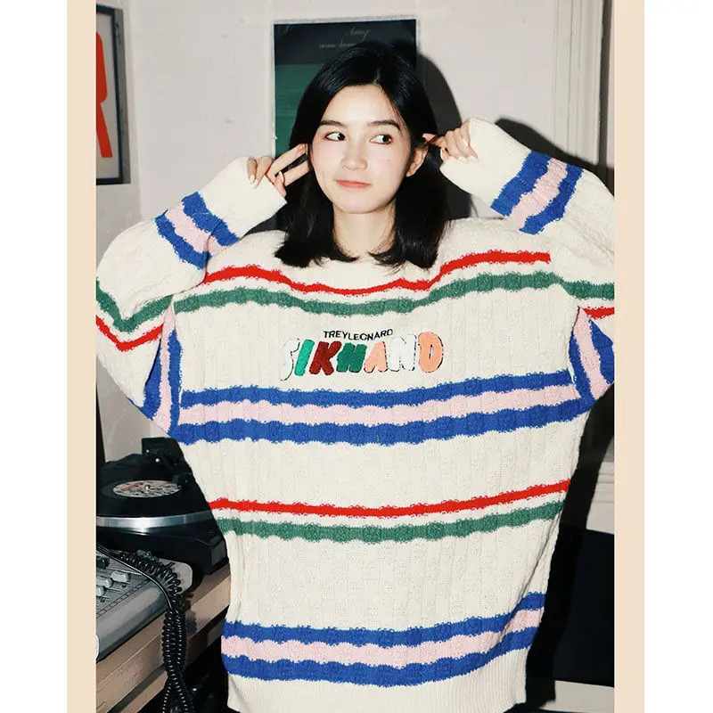 Letter y Sweater Women Street Vintage Striped Crewneck Sweaters Pullover Loose Casual Long Sleeve Top Clothes 250108