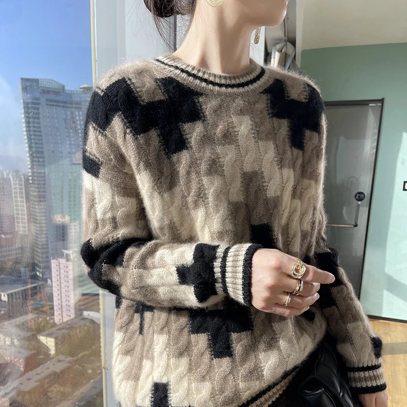 Autumn Winter Thick Round Neck Jacquard Womens Top 100% Pure Wool Knitted Sweater Long Sleeve Loose Chic Pullover Shirt 250108