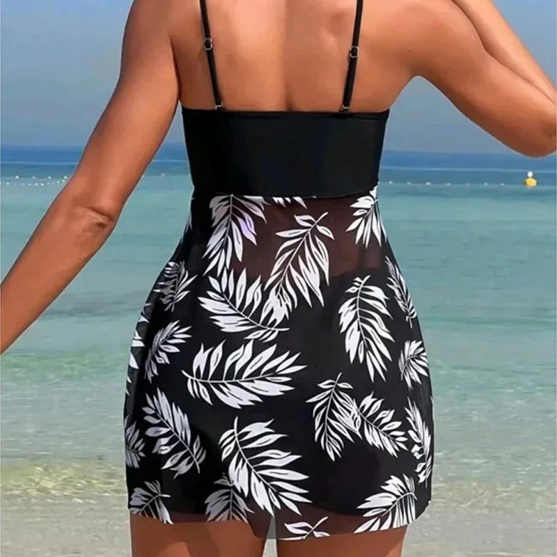 Summer Short Dress Split Swimsuit Womens Sexy Fashion High Waist Thickened Mesh Print Swimming Beach Wear 250108