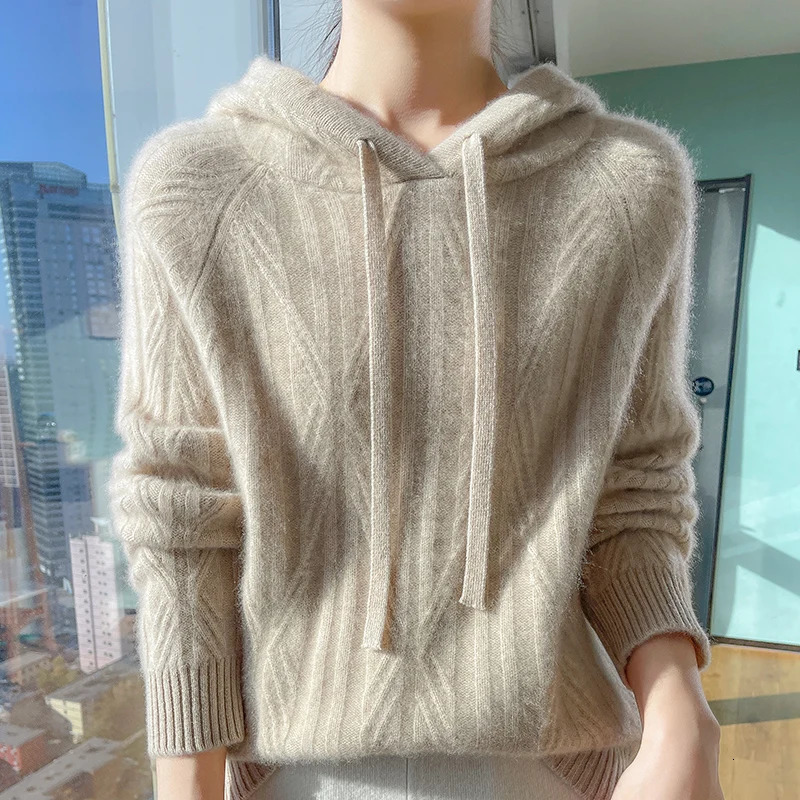 Classic womens 100% pure wool hooded sweater fashionable and soft knit pattern highquality long sleeved top 250108