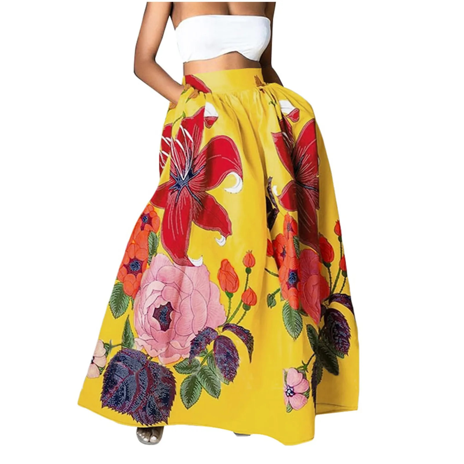 WomenS Fashion Floral Print Loose Half Skirt High Waist Beach Extra Long Dress Roupas Femininas Traf Women Ropa De Mujer 250106