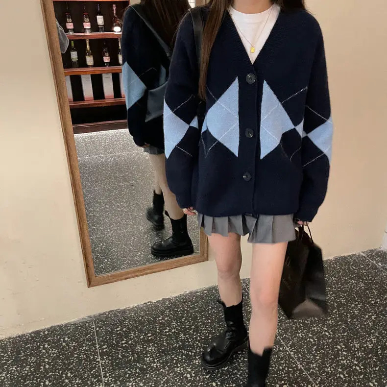 Diamond Shaped Sweater Jacket Cardigan Womens Loose Retro Lazy Style Knitted Long Sleeved Top 250108