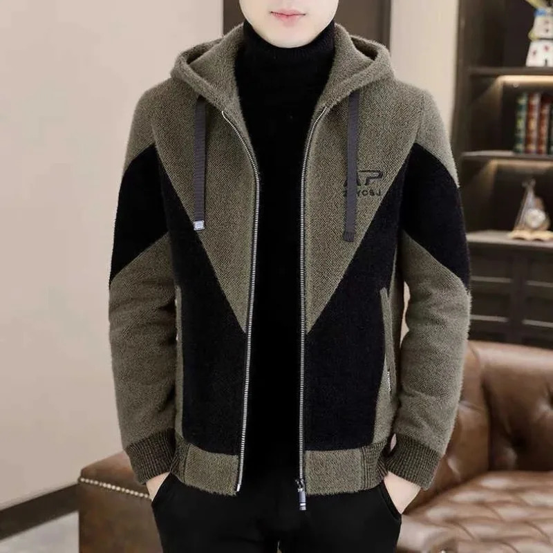 Man Coat Lamb Wool Jacket Elegant Office Store Winter Outwear Hooded Windbreaker Color Blocked Loose Thicken Warmth Top Trend 250106