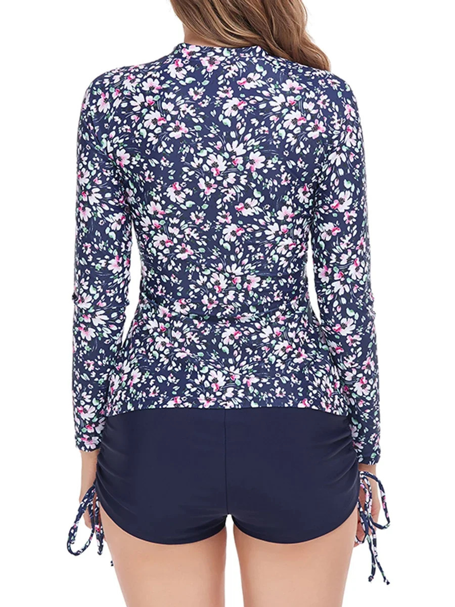 Surf Swimsuit Long Sleeve Floral Printed Swimwear Women Zipper Two Piece Rash Guard Diving Clothes Bathing Swimming Suit 250108