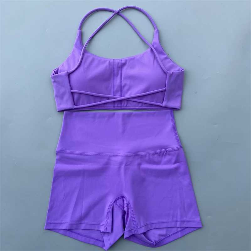 Yoga Shorts Set Gym Two Piece Sports Set Women Workout Outfit Fitness Suit Cross Straps Bra High Waist Shorts Running TracksuitXJ250109