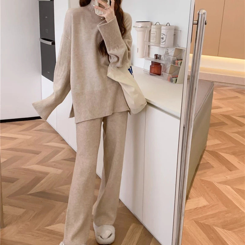 Seoulish Autumn Winter Split Womens Sweater Sets Fashion Solid Color Knitted Sweaters Casual Pants Twopiece 250106