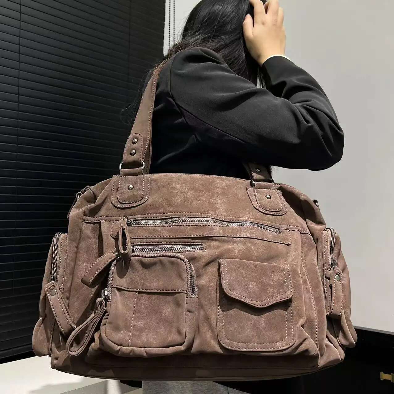 Ladies' Fashionable Y2k Spicy Girl Suede Motorcycle Bag With Large Capacity, Single Shoulder Diagonal Cross Handbag
