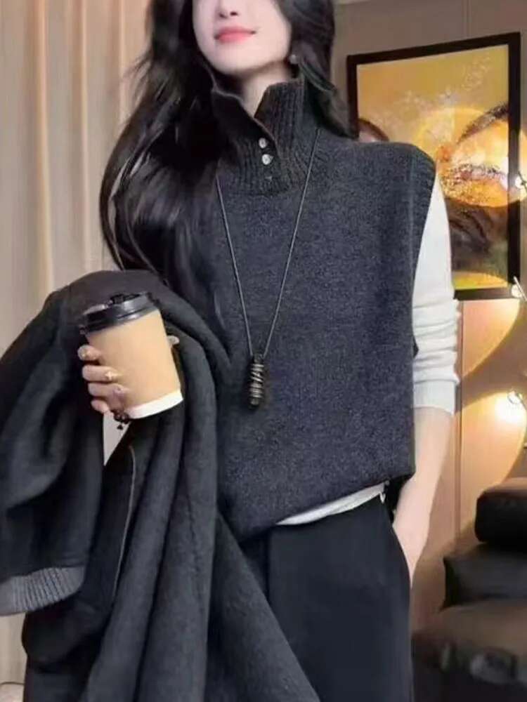 French Style Outerwear Vest, Semi Open High Neck Knitted Sweater, Women's Early Autumn Winter Warm Pullover Wool Sleeveless Top