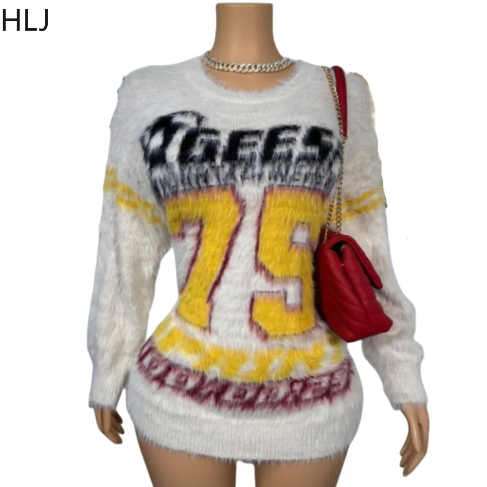 HLJ American Vintage Print Loose Knitted Sweater Women O Neck Long Sleeve Pullover Spring Neutral Style Oversize Top Clothes 250108