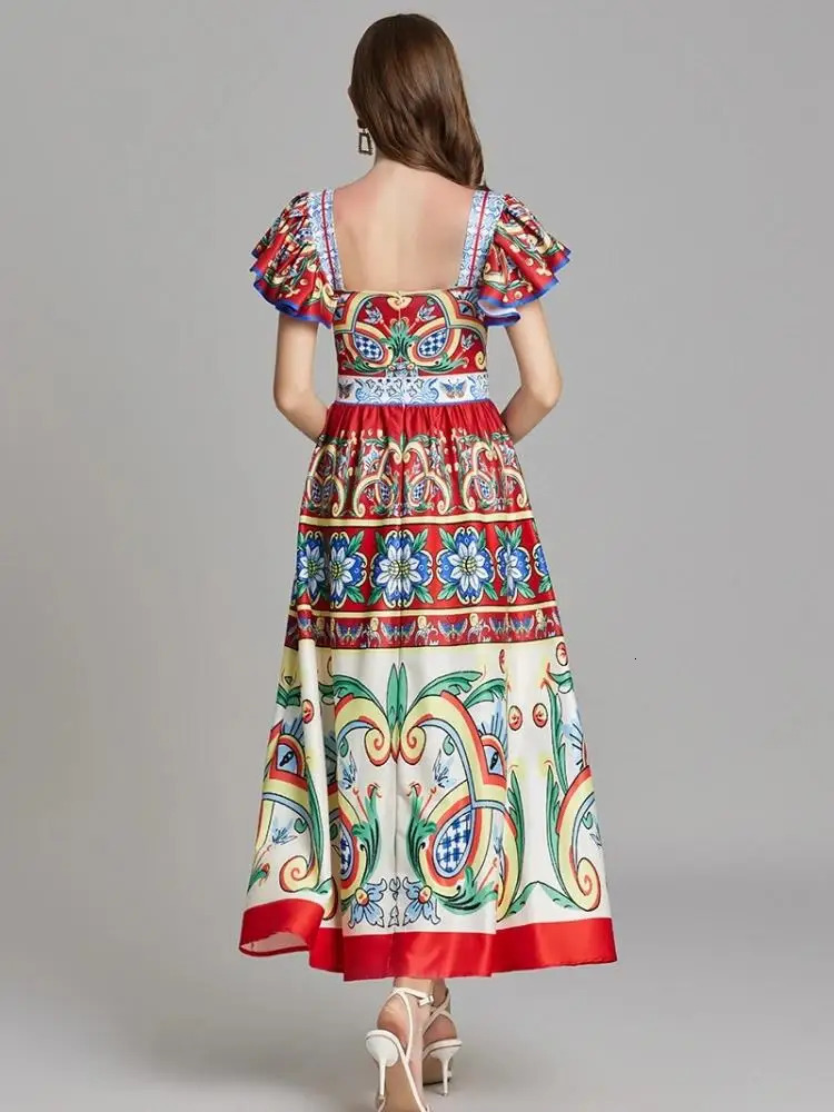 Women Square Collar Flying Sleeve Elegant Backless Long Dress Summer Rumway Fashion Flower Print High Waist Beach Party Vestidos 250106