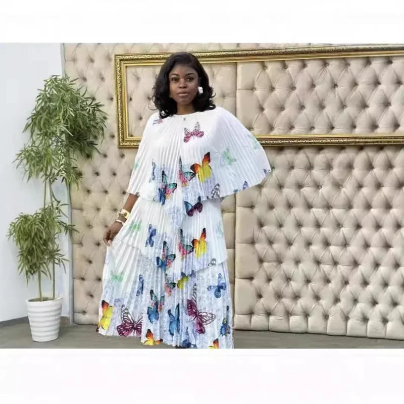 Miyake Pleated Print two piece set women outfit abaya top and skirt summer clothing 250106