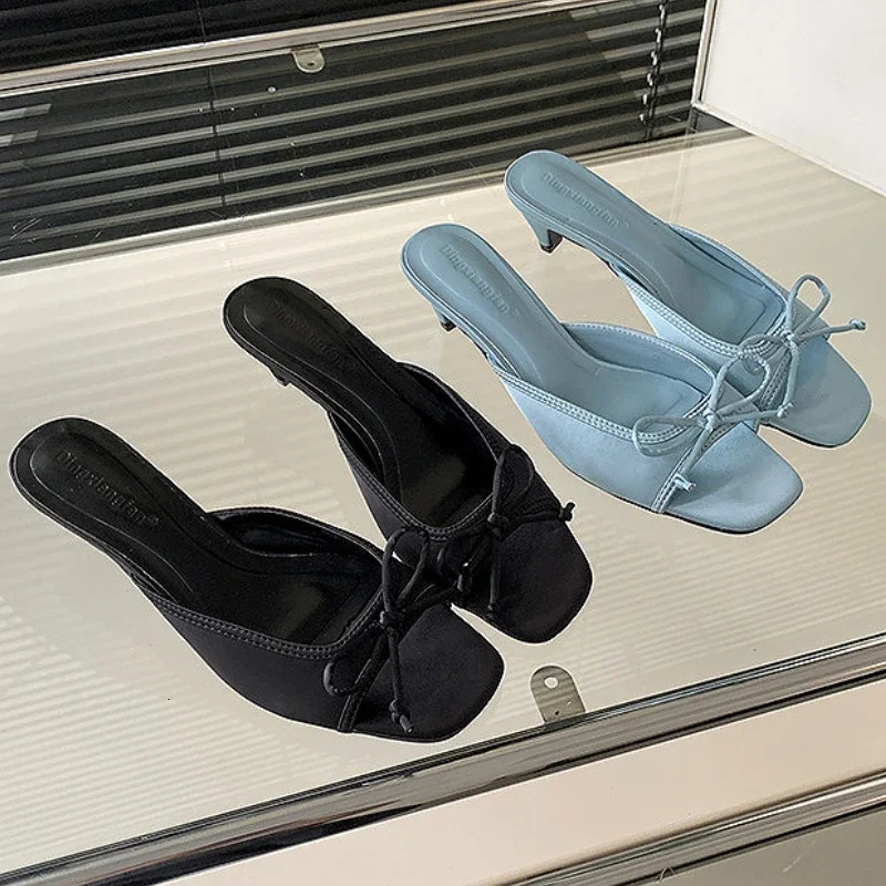 Fashion Kitten Heel Slippers for Women Satin Bow Concise Comfort Slides Female Summer New Low Heel Open Toe Mules Sandals Women 250109