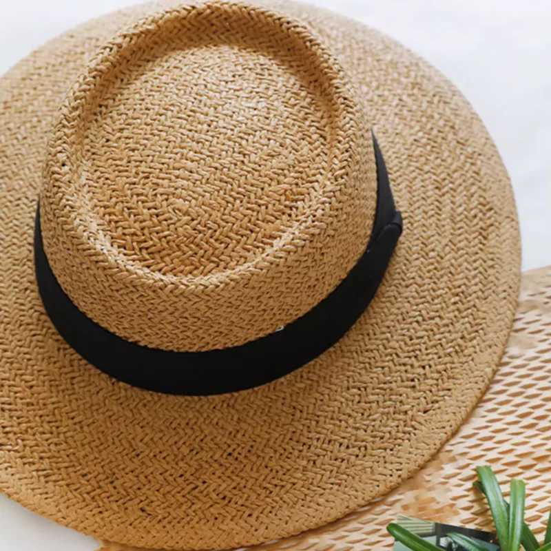 Dolphin French style warm summer sunny beach flat straw hat Khkai vacation Panama straw hat woven small top hat white ribbon X250109