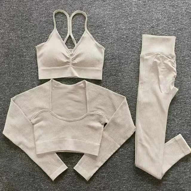 2/3PCS Seamless Washed Ribbed Yoga Sets Sports Fitness Crop Top Shirt Outfit Legggings Suits Workout Clothes Gym Sets for WomenXJ250109