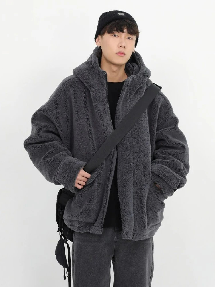 Gmiixder Winter Fur Coat Oversize Cashmere Mens Zipper Up Dark Gray Unisex Hip Hop Hooded Plush Padded Jacket 250107