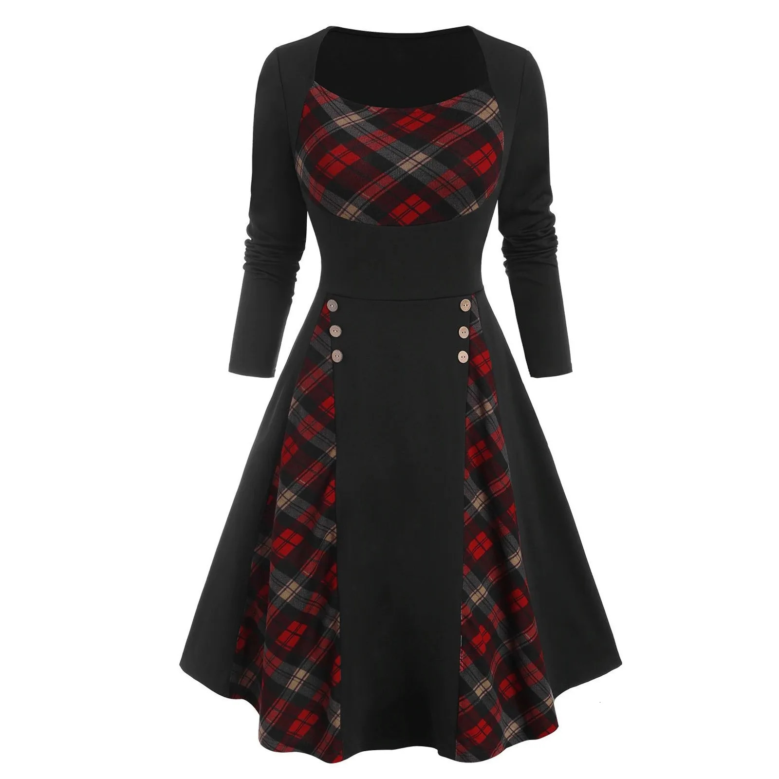 Womens Dress Dresses Vintage Round Neck Plaid Patchwork Mock Button Long Sleeve Cocktail 250106