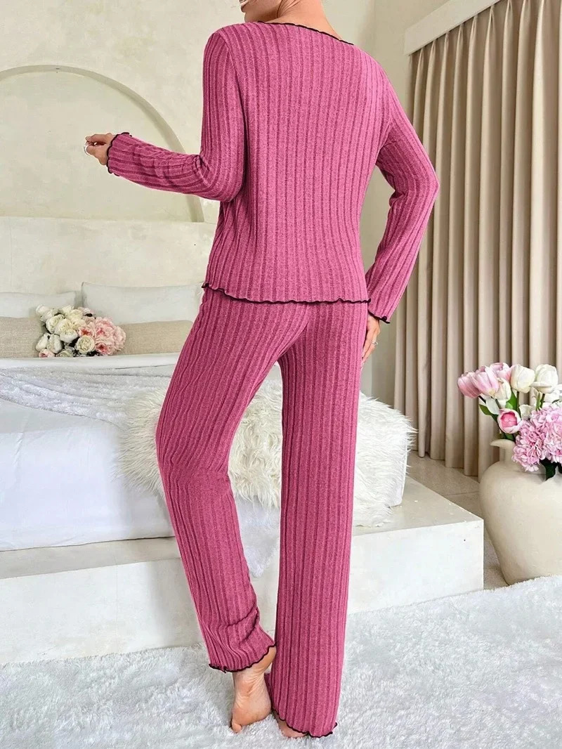 Women Autumn Winter Sleepwear Ribbed Pajamas Set Long Sleeve Top and Pants 2 Piece Casual Homewear Loungewear 250106