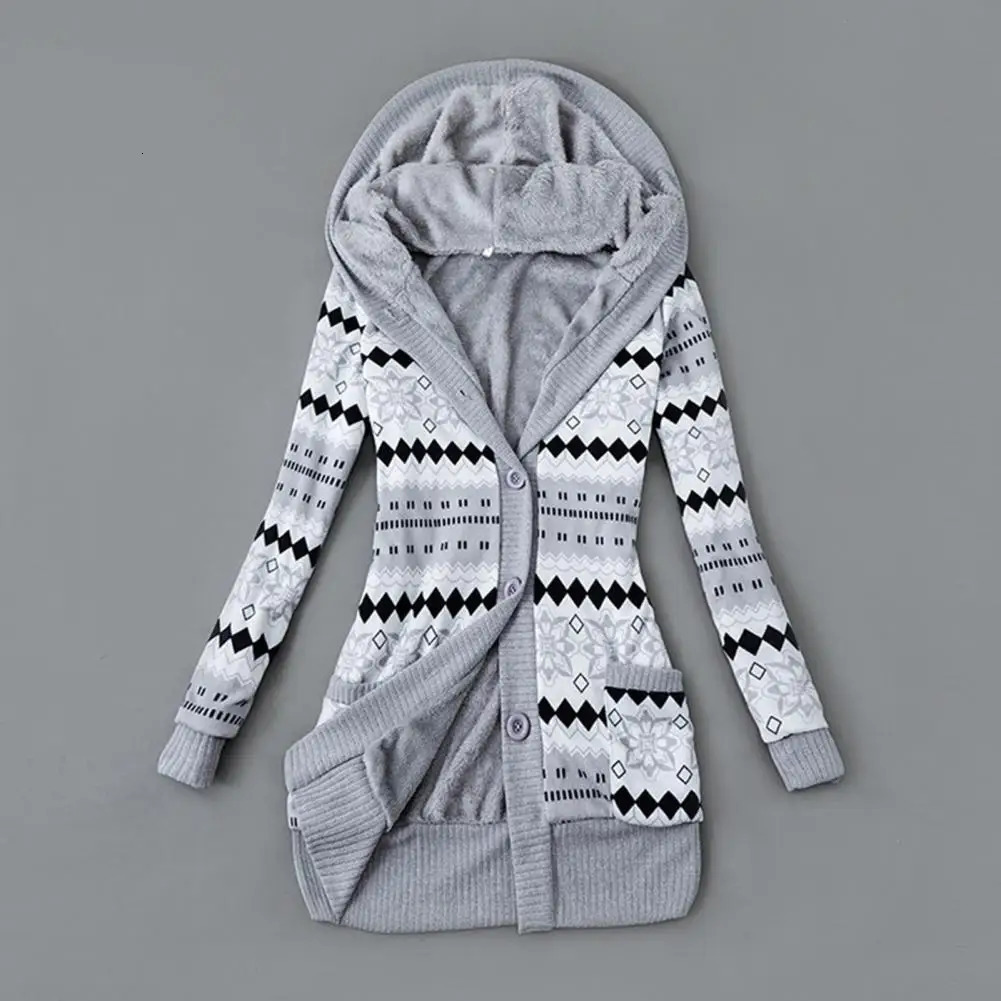 Women Cardigan Striped Print Long Sleeve Sweater Coat Buttons Closure Hooded Plush Lining Sweater Outerwear For Autumn Winter 250106
