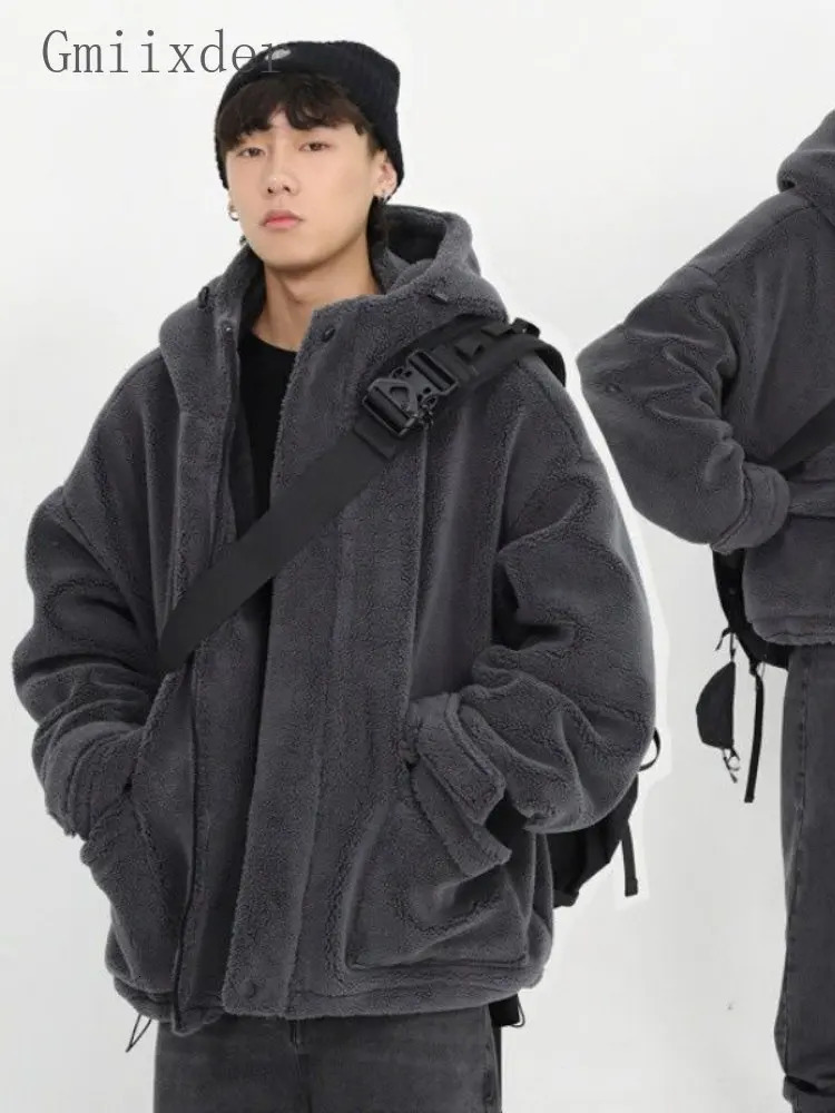 Gmiixder Winter Fur Coat Oversize Cashmere Mens Zipper Up Dark Gray Unisex Hip Hop Hooded Plush Padded Jacket 250107