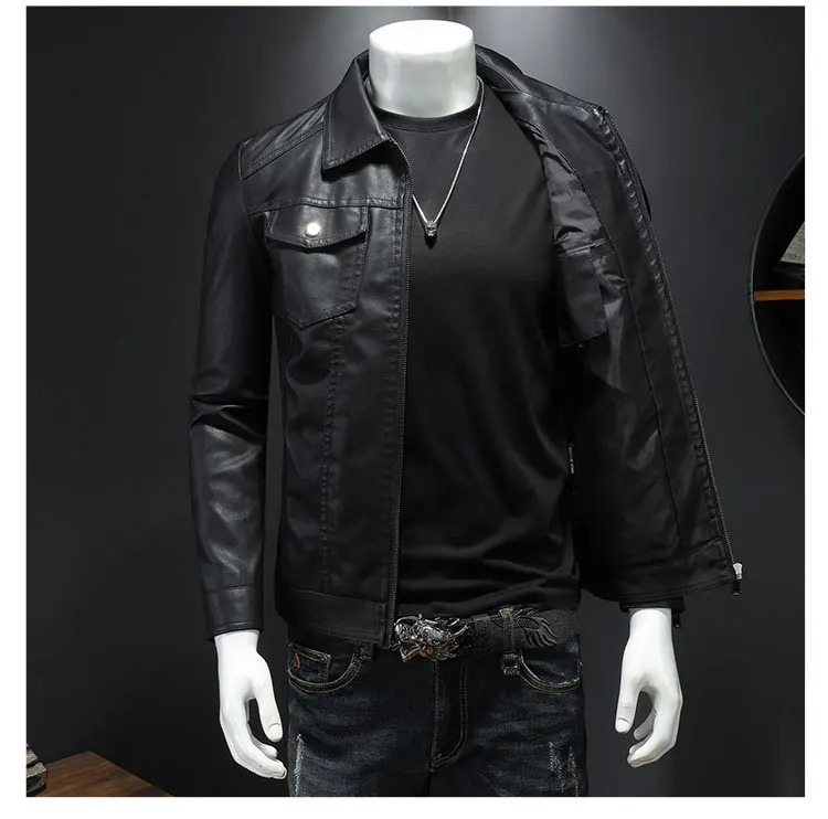 Mens Motorcycle Leather Jacket Large Size Pocket Black Zipper Lapel Korean Slim Fit Male High Quality PU Leather Coat for Men 250109