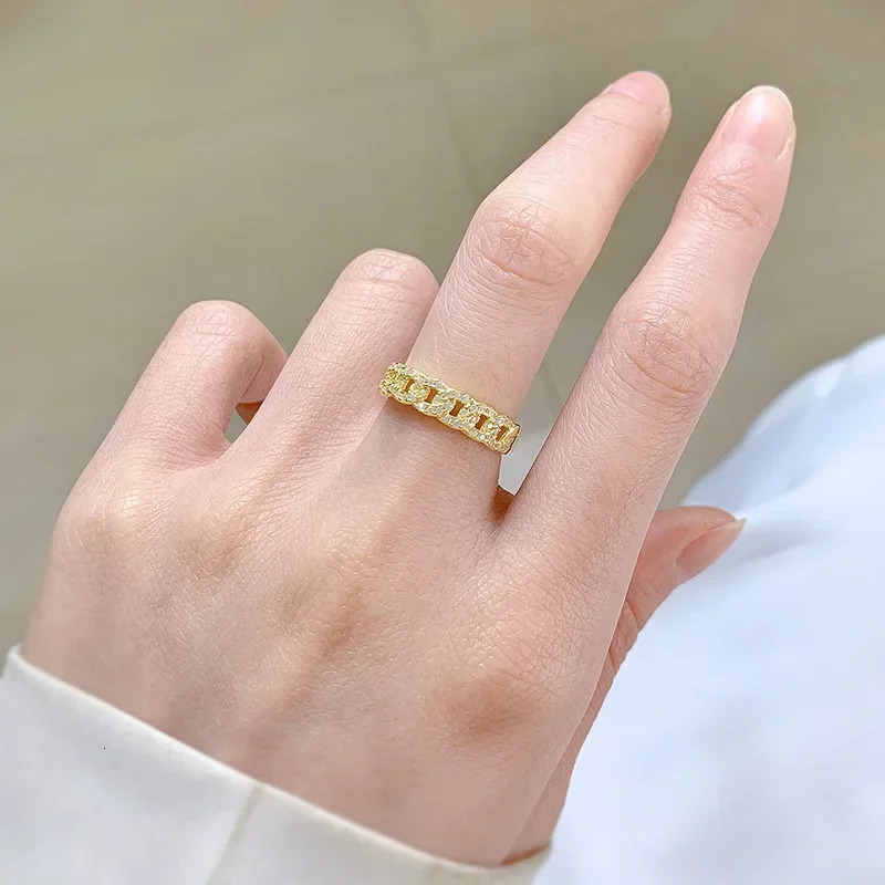 SpringLady y 925 Sterling Silver Female Rings Gold Bling Hip Hop Punk Ring Cuban Link Chain Wedding For Women 250109