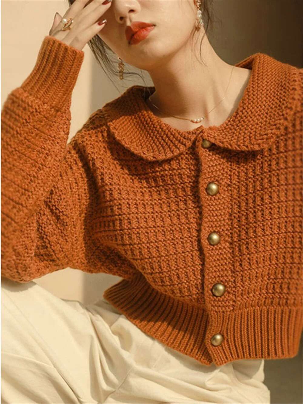 2022 Autumn Orange Crop Top Peter Pan Collar Button Up Korean Fashion Knit Cardigan Sweater Coat Fall Winter Women Y7267