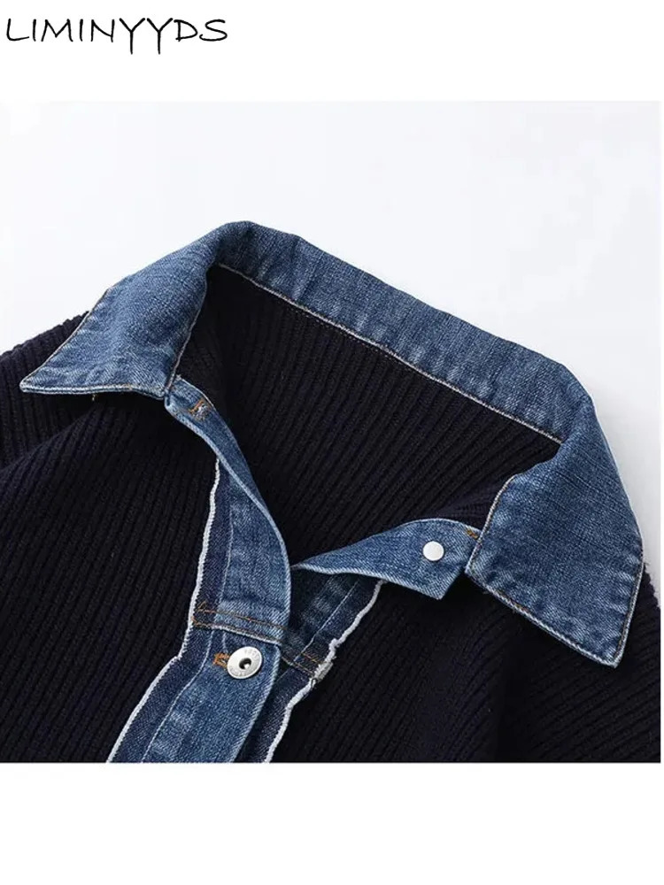 Korean Fashion Sweater Jacket Spring Autumn Denim Patchwork Knit Cardigan Turndown Collar Single Breasted Vingtage Coat 250108