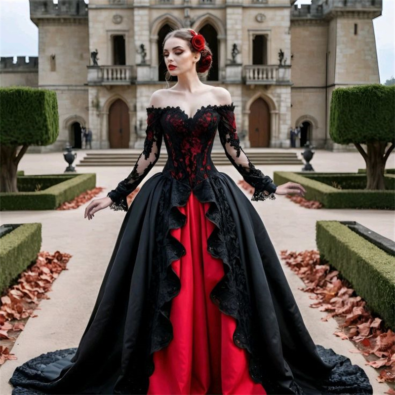 Fantasy Black And Red Gothic Wedding Dress Off Shoulders Long Sleeve Medieval Bridal Dress Lace Aesthetic Victorian Vampire Renaissance Vestio De Novi