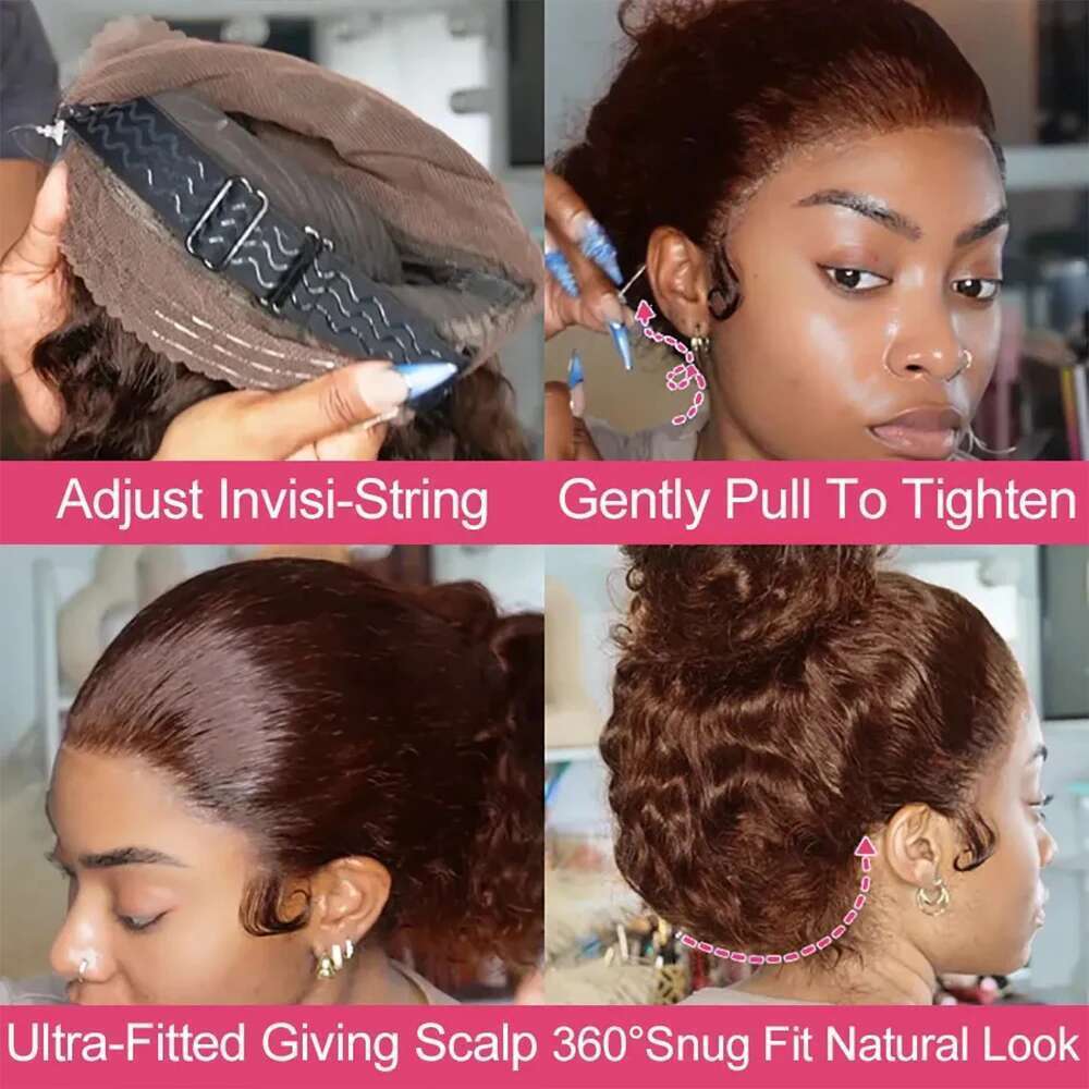 Invisi-Strap Frontal 4# Chocolate Brown 250 Density Wigs Deep Curly 360 Full Lace Wig Human Hair