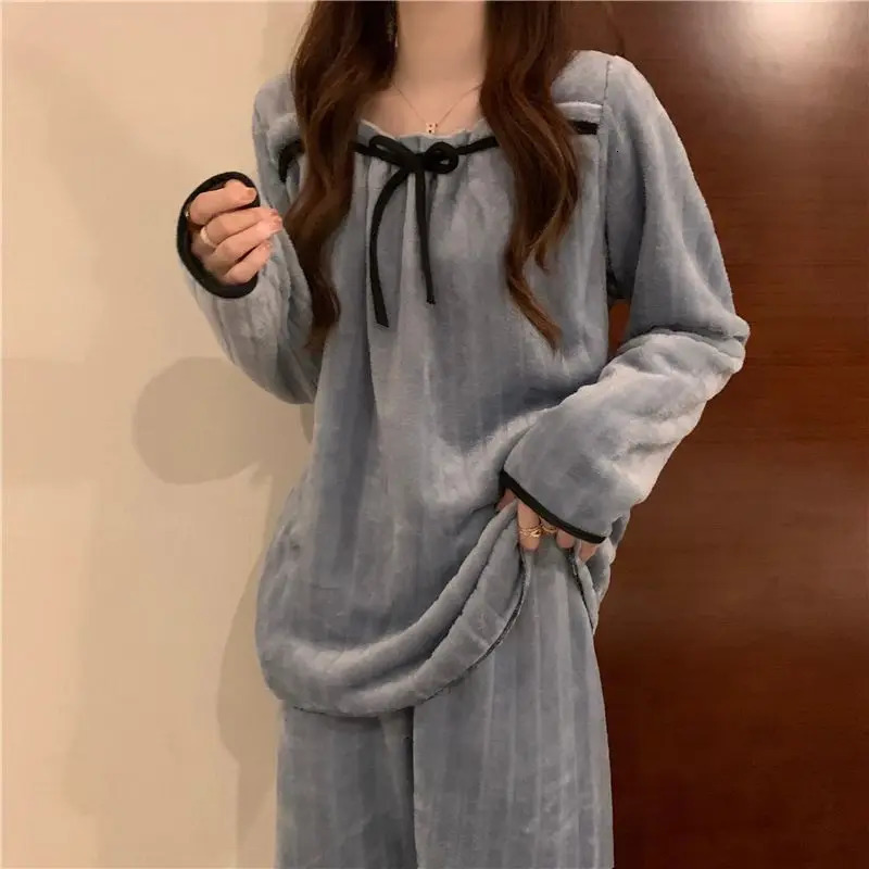 Coral Fleece Pajamas Sets for Women Autumn Winter Thick Warm Sweet Long Sleeve Sleepwear Nightgown Pijama Suit Mujer Homewear 250106