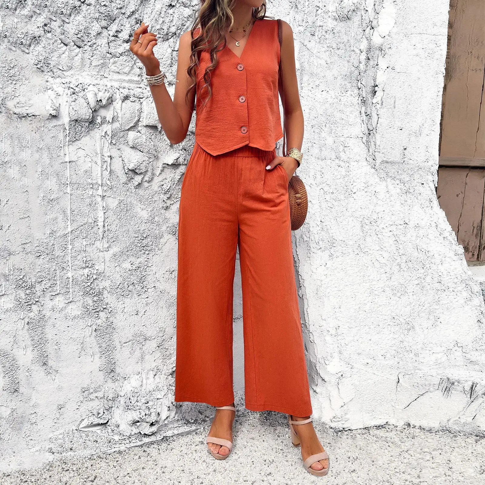 YJKDYK Summer Womens Clothing Sales Solid Color Vneck Button Vest Ladys Ninth Pants Elegant 2piece Sets For Women 250106