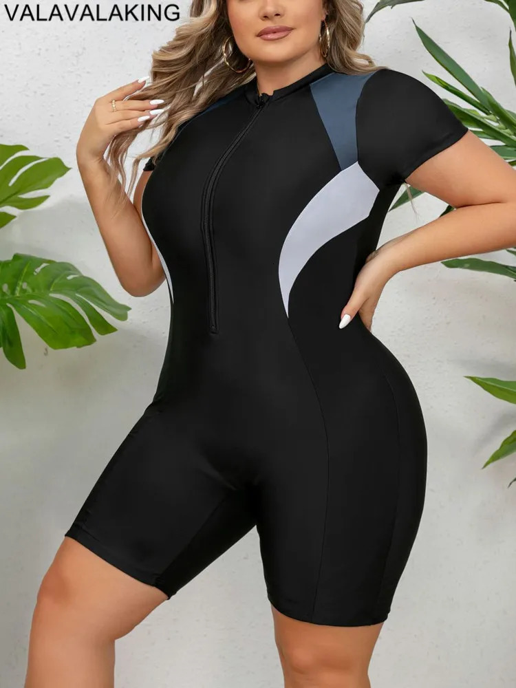 Solid Plus Size Swimwear Women Short Sleeve Large One Piece Swimsuit Lady Patchwork Big Curvy Chubby Bathing Suit 250108