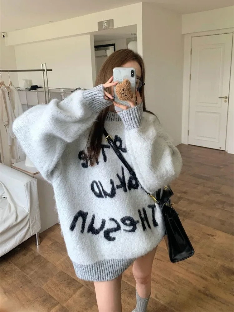 Ezgaga Knitted Sweater Women Vintage Autumn Winter Fashion Letter Printed O Neck Loose Stretch Pullover Ladies Jumper 250108