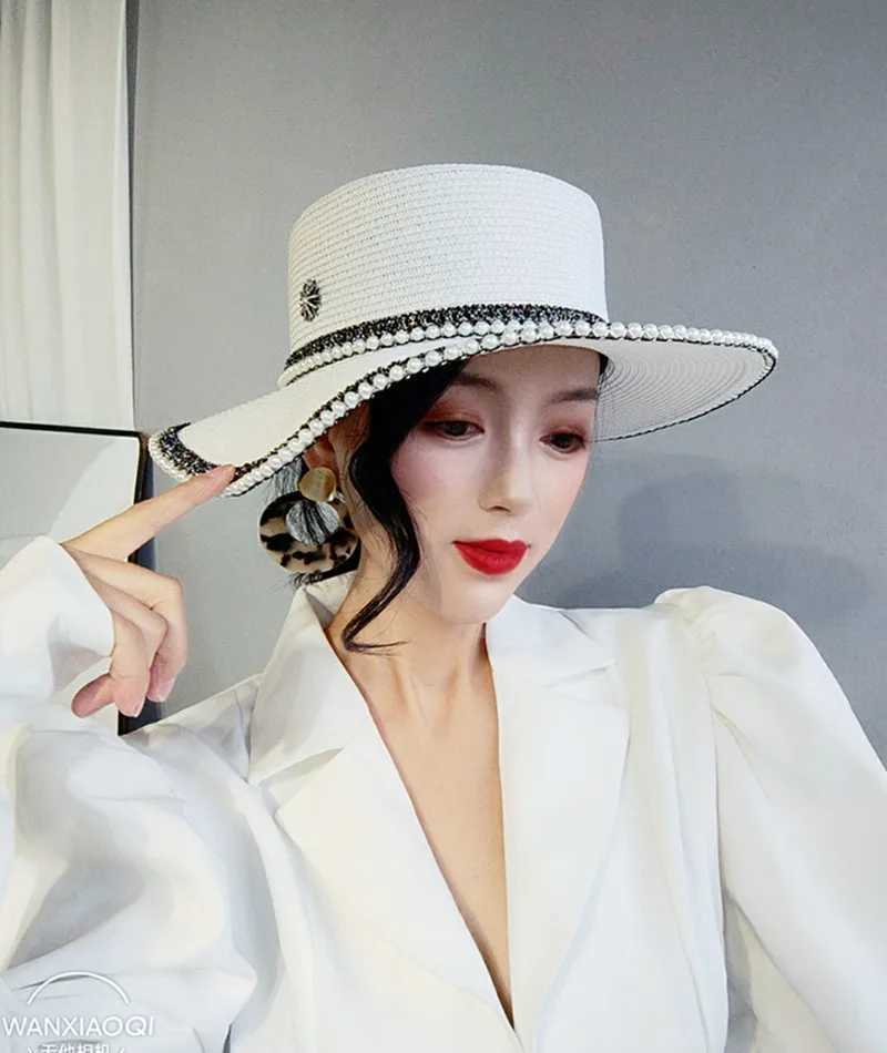 Luxury rhinestone white text hat wide brown French lace work hat pearl retro fashion text hat flat top hat beach trend X250109