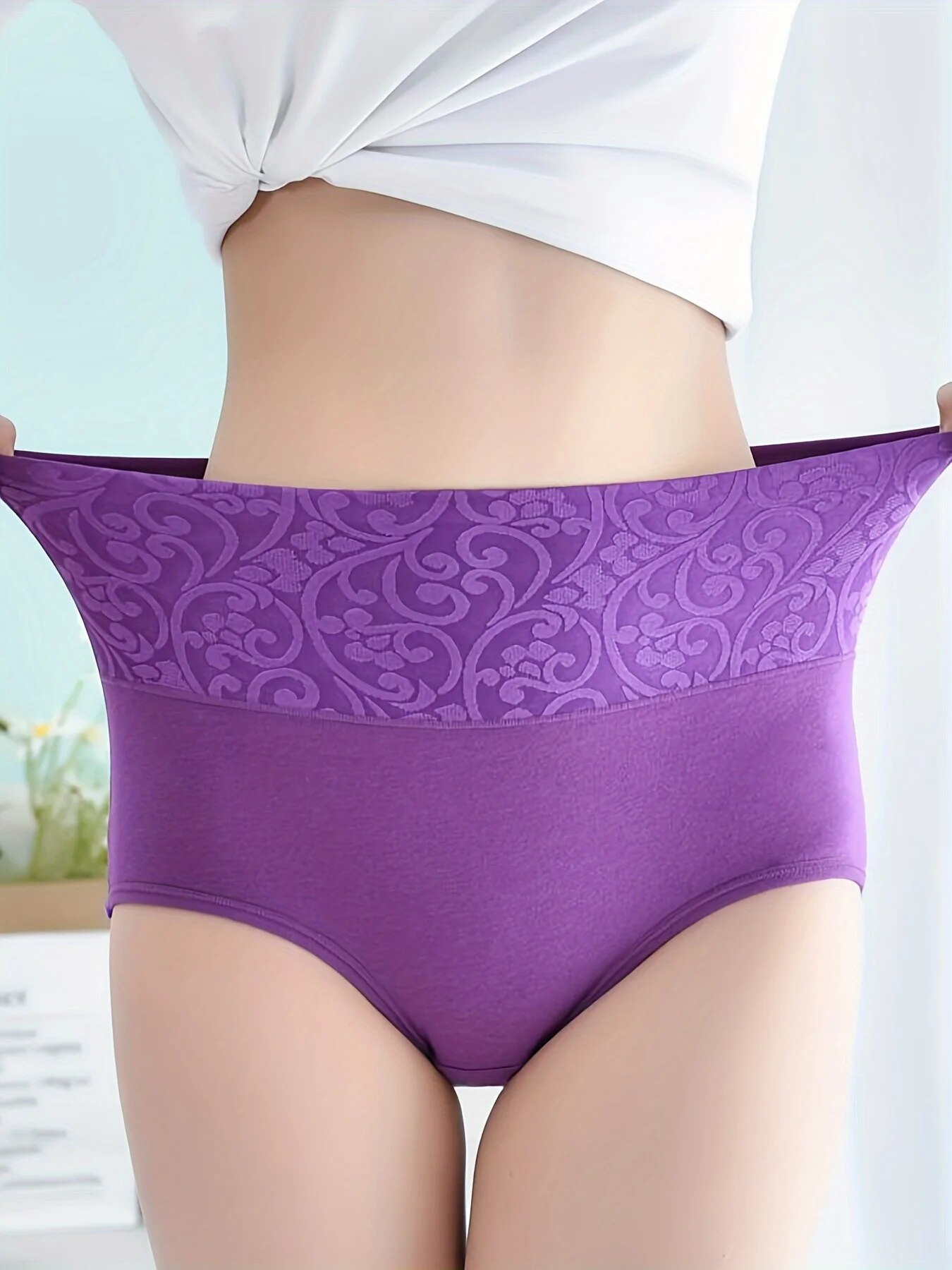 3 PCs High Waist Jacquard Briefs, Comfy & Breathable Stretchy Intimates Panties, Women's Lingerie & Underwea