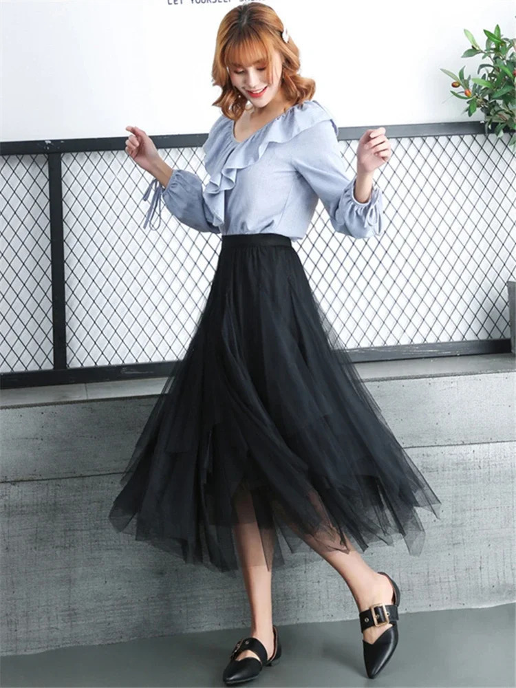 Asymmetrical High Waist Ruffles Mesh Tutu Long Midi Skirt Irregular Tulle for Women Black Harajuku Summer Goth Clothes 250106