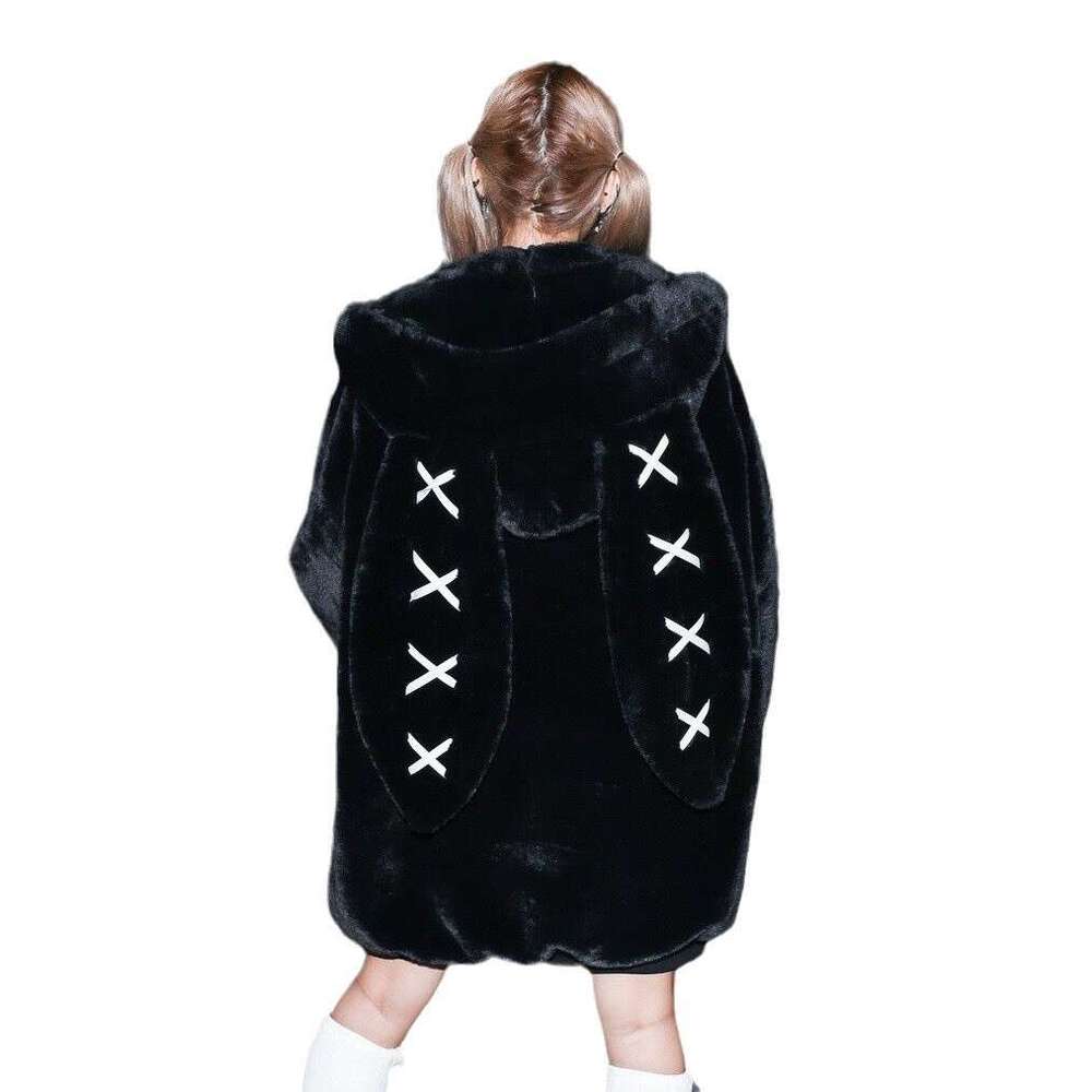 Women's Wear Winter Clothing Women's Jacket Haruku Rabbit Ear Black Coat Thick Fur Peng Kela Chain Oversized Y2k Top Ropa