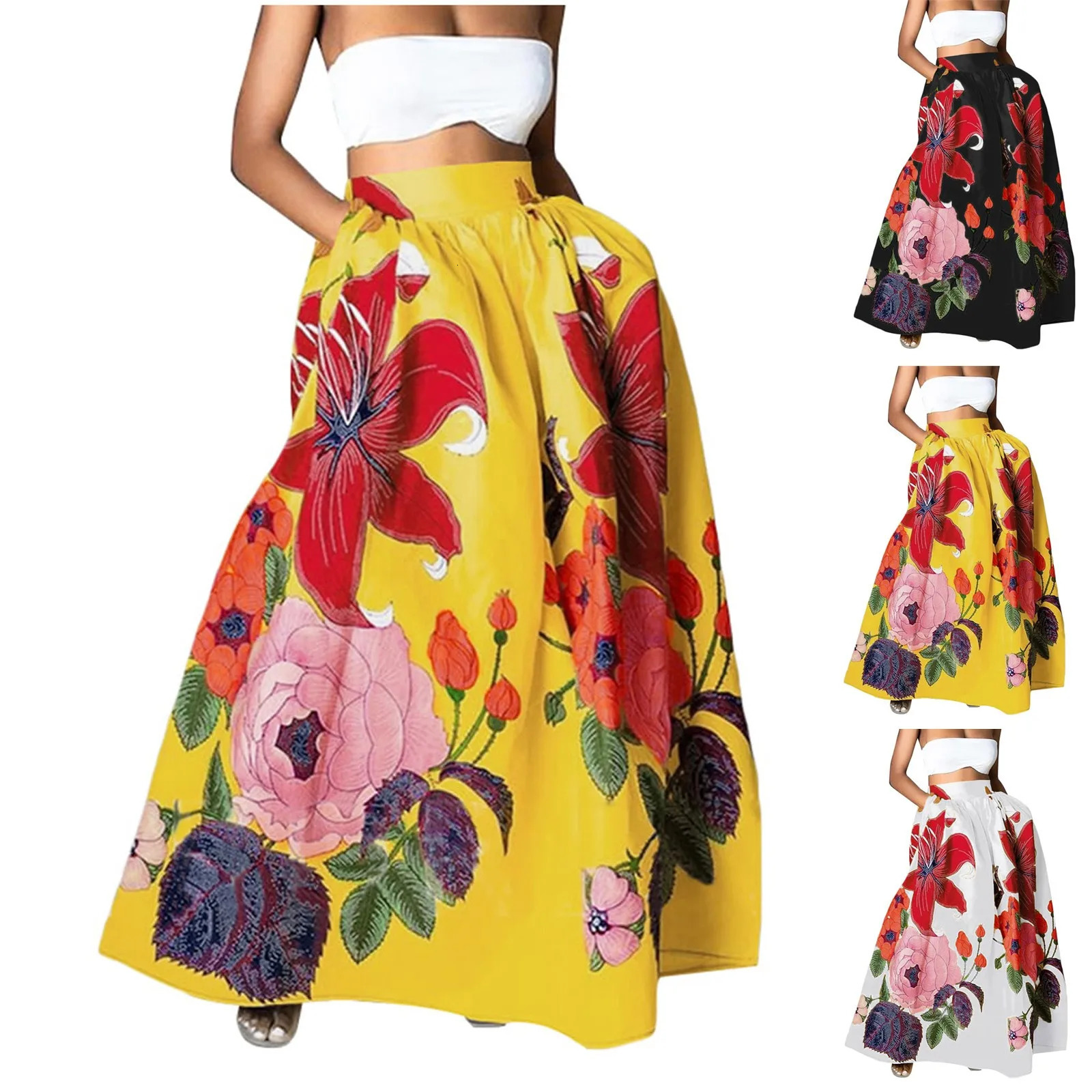 WomenS Fashion Floral Print Loose Half Skirt High Waist Beach Extra Long Dress Roupas Femininas Traf Women Ropa De Mujer 250106