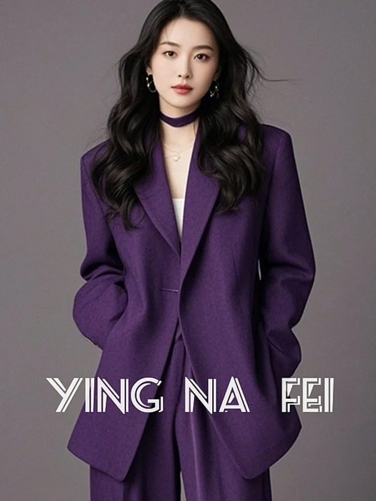 BJTZ Set For Important Occasions Womens Clothing Autumn Purple Suit Jacket Straight Leg Pants Two 250106