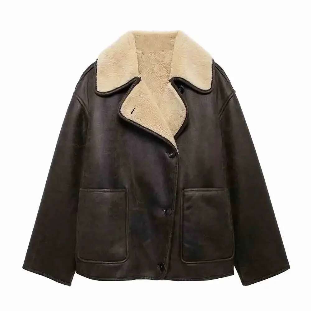 Plush Faux Leather Jackets For Women Wool Blends Thick Winter Office Single Breasted Turn-Down Collar Coat Chic Pocket Outerwear